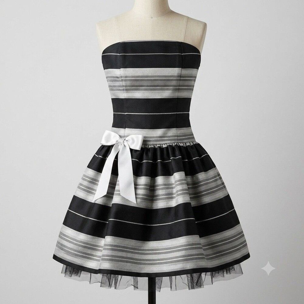 Y2K Jessica McClintock Black Silver Jacquard Fit Flare Homecoming Dress XXS